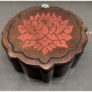 Lucky Brand Wood Swivel Top Made with Peace & Love Trinket Box Lotus Flower Boho